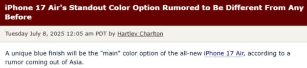 掌心策略 iPhone 17 Air将主打浅蓝配色，预计2025年秋季发布